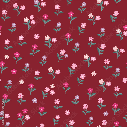Seamless pattern of pink, light pink and purple flowers on a burgundy background.