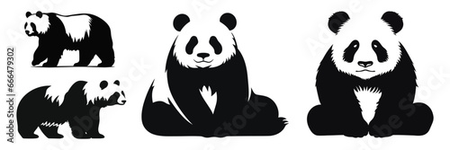 Set big cute panda silhouette logo in flat style isolated. Vector illustration