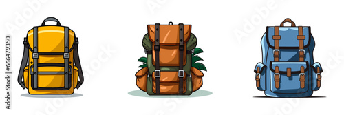 Set travel backpack in flat style isolated. Vector illustratio