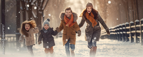 Happy family walk in winter street while snowing.