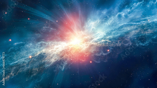 Galaxy background of radiant explosion of blues and reds illuminates the universe In vast expanse of the cosmos. Celestial scene captures the infinite beauty and mystery of the great universe