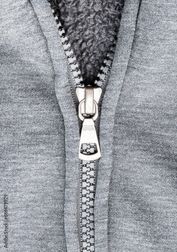 Close up zipper on gray sweater