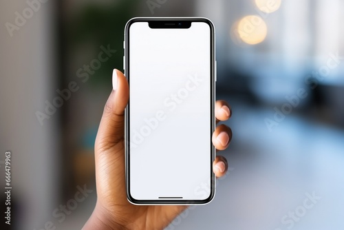 Young Woman Holding Blank Phone Screen at Home