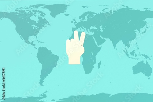 v gesture on blue background with earth map, 3d render, 3D, renderer