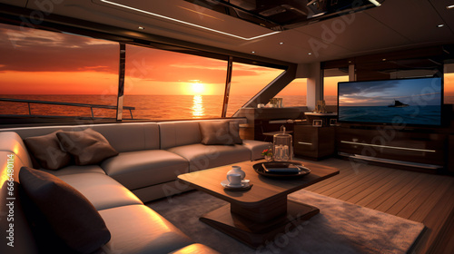 Interior of luxury motoryacht at sunset