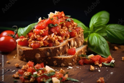 pile of diced tomatoes and torn basil placed on bread slices