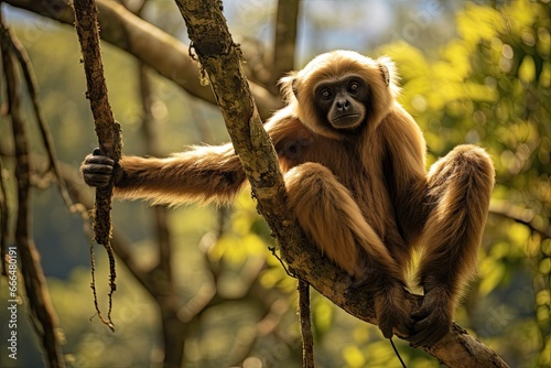 White-handed gibbon Gibbon lar on a tree, Gibbon hanging from a tree in the jungle of Costa Rica, AI Generated photo