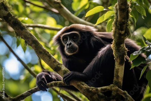 Portrait of a gibbon sitting on a tree in Costa Rica, Gibbon hanging from a tree in the jungle of Costa Rica, AI Generated