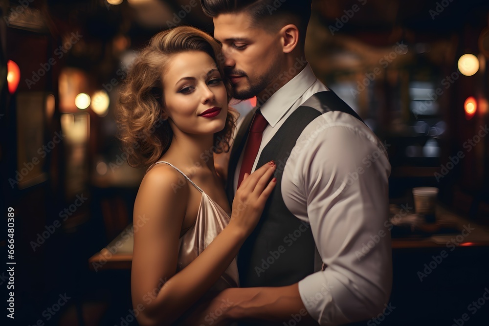 couple spending a romantic date night at a jazz club, dressed up for the occasion couple spending a romantic date night at a jazz club, dressed up for the occasion