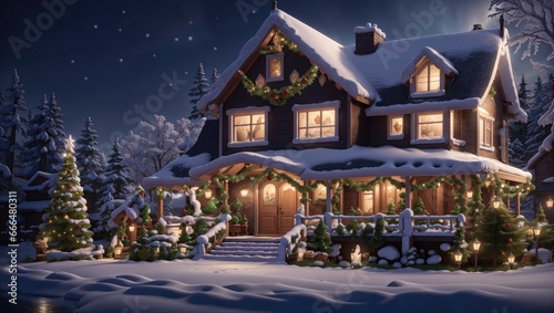 "Snowy Serenity: A Highly Detailed Digital Painting of a Cozy House on a Winter Christmas Night"