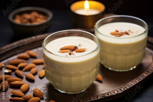 close-up view of badam milk garnished with almonds photo