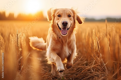 Golden Retriever running in wheat field at sunset. Golden Retriever dog in summer field, Golden Retriever dog running in the field with blurred background, AI Generated