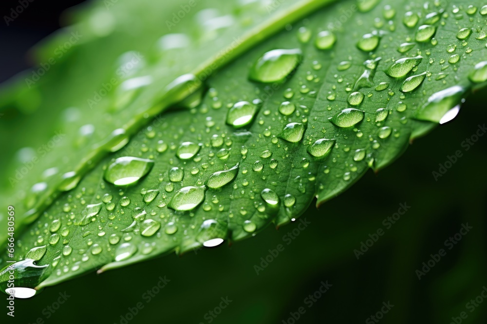 Water drops on a green leaf. Shallow depth of field, Green leaf close-up with dew drops on it, AI Generated Water drops on a green leaf. Shallow depth of field, Green leaf close-up with dew drops on it, AI Generated