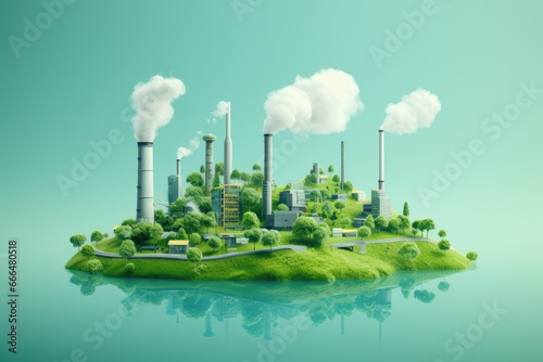 Industrial landscape with chimneys and green grass. 3d rendering, Green Industry Eco Power Factory Good environment ozone air low carbon footprint, AI Generated
