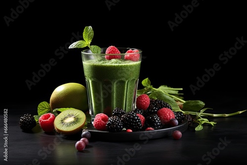 Healthy green smoothie with fresh fruits and berries on black background  Green smoothie with fruits and berries on Black background. Healthy food concept  AI Generated
