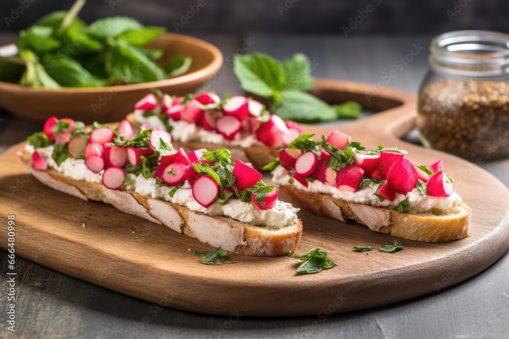 radish and vegan ricotta bruschetta on a rustic stone platter