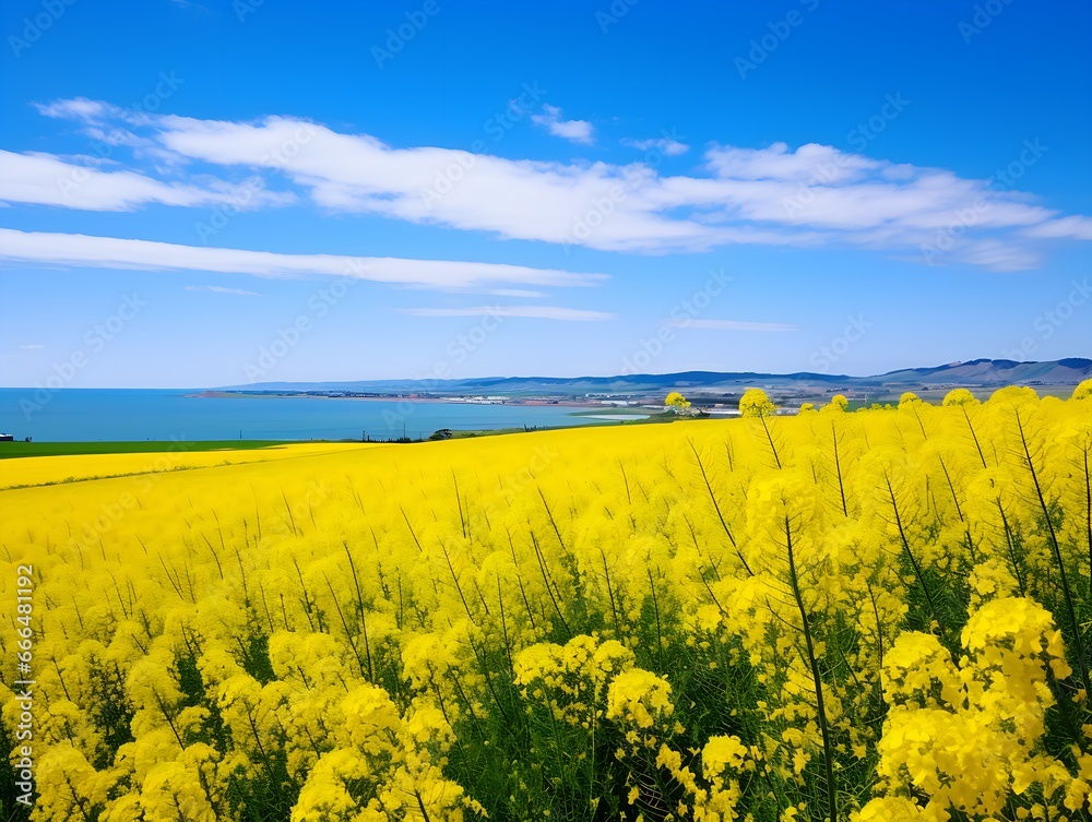 Golden fields of yellow rapeseed flowers