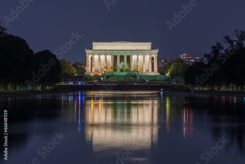 Illuminated Lincoln Memorial at night reflecting in the Reflecting Pool in Washington DC, United States