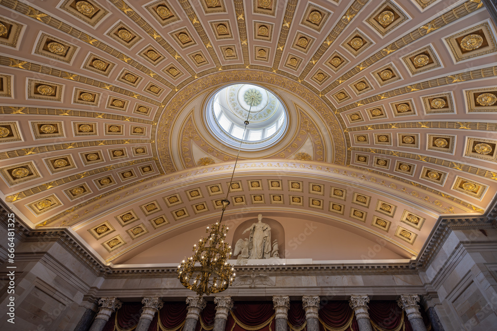 Ceiling and dome of the National Statuary Hall, in the United States Capitol, Washington DC, United States - obrazy, fototapety, plakaty 