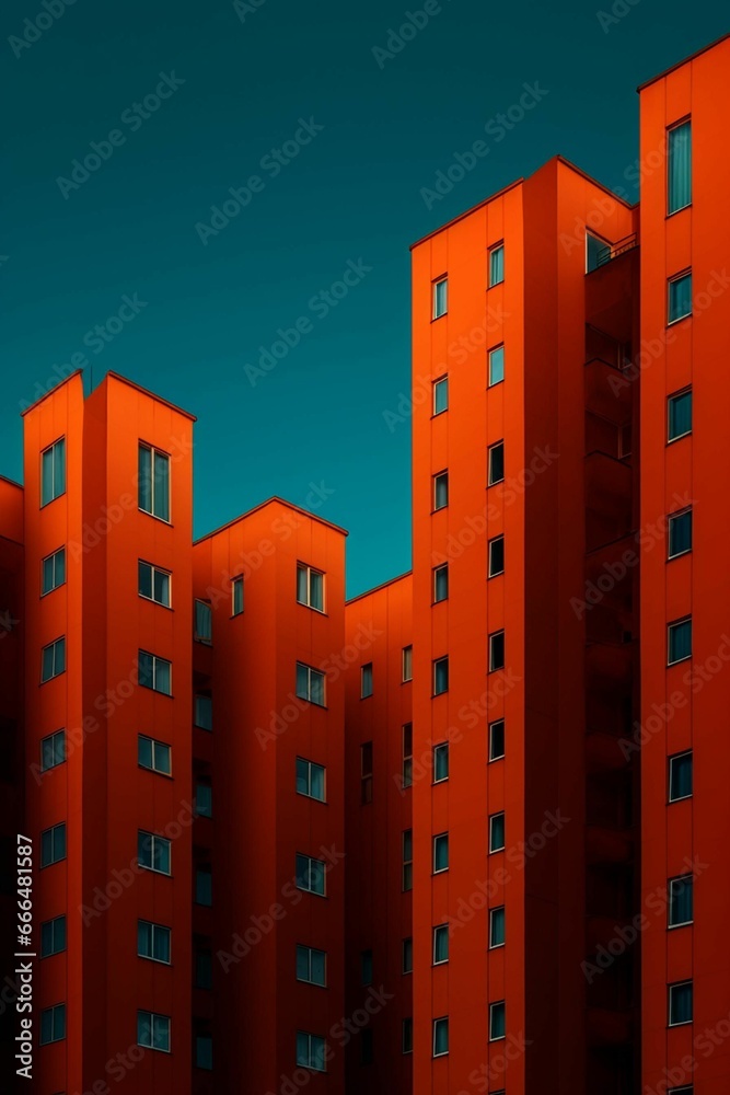 AI generated illustration of a modern urban skyline with orange skyscrapers against a blue sky
