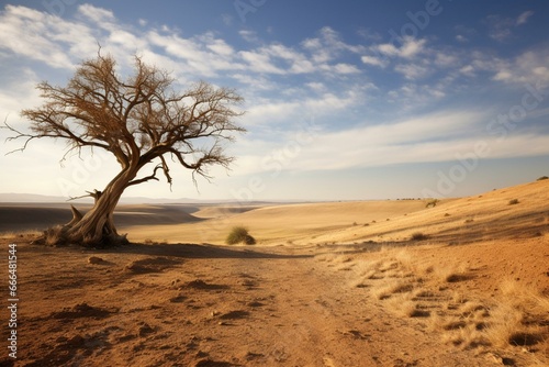 A lone, aging tree in a dry landscape. Generative AI © Shiloh