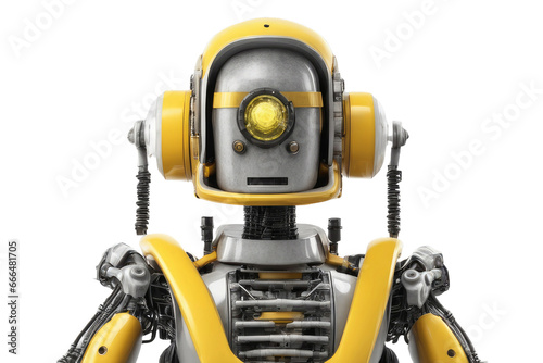 engineer robot wearing yellow safety helmet isolated on a white background
