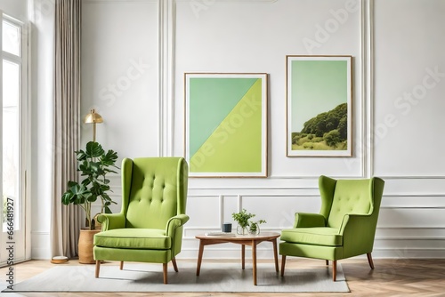 Light green wingback chair against white wall with big art poster frame. Mid-century home interior design of modern living room