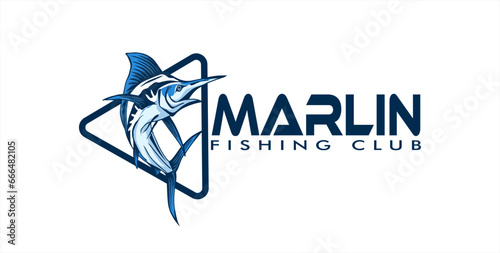 Marlin jump fish logo.Sword fish fishing emblem for sport club.  fishing background vector illustration.