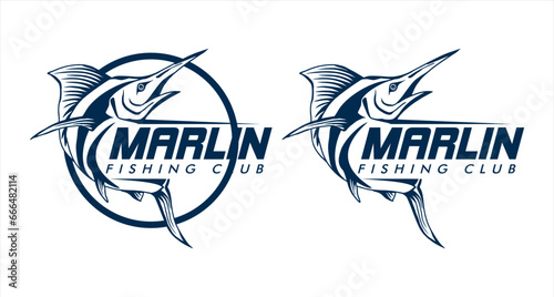 Marlin jump fish logo.Sword fish fishing emblem for sport club. fishing background vector illustration.