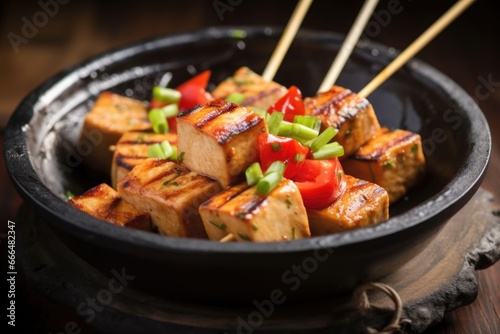 grilled tofu steaks on a wooden skewer over a clay bowl