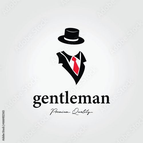 gentleman logo in formal suit with hat and red tie, retro vintage fashion style design icon illustration