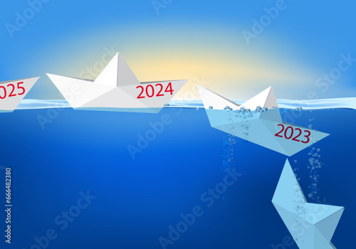 Carte de vœux 2024 montrant des bateaux en papier qui se succèdent à la queue leu leu, avant de couler à pic pour symboliser l’année qui s’achève et disparaît dans le passé.