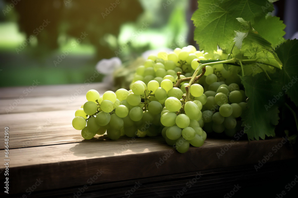 Freshly picked green grapes on a wooden table, an atmosphere with soft and white tones Freshly picked green grapes on a wooden table, an atmosphere with soft and white tones