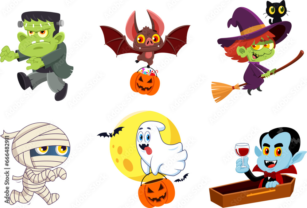 Halloween Cartoon Characters. Vector Flat Design Collection Set Isolated On Transparent Background Halloween Cartoon Characters. Vector Flat Design Collection Set Isolated On Transparent Background