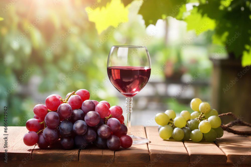 Freshly picked red grapes and green grapes with wine glass on a wooden table, an atmosphere with soft and white tones