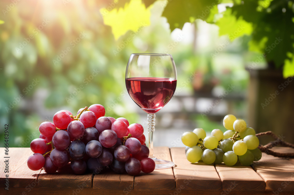 Freshly picked red grapes and green grapes with wine glass on a wooden table, an atmosphere with soft and white tones Freshly picked red grapes and green grapes with wine glass on a wooden table, an atmosphere with soft and white tones