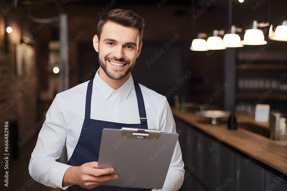 Smiling manager man holding clipboard Smiling manager man holding clipboard