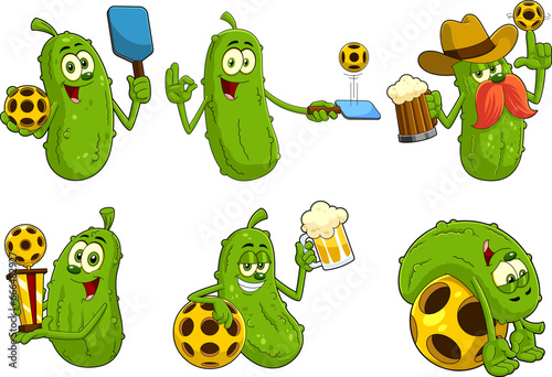 Pickle Cartoon Characters Pickleball Ball Players. Vector Hand Drawn Collection Set Isolated On Transparent Background photo