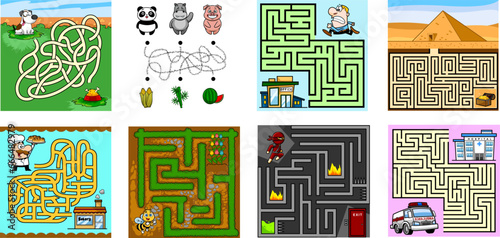 Cartoon Maze Games Education For Kids. Vector Hand Drawn Collection Set Isolated On Transparent Background