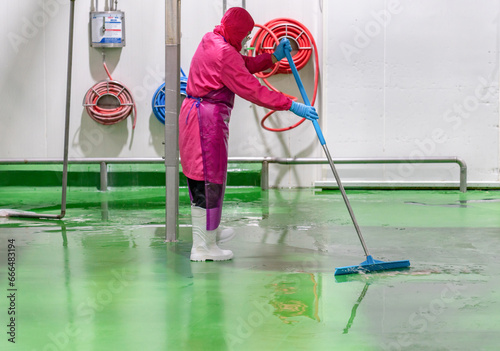 Staff hygien cleaner in protective uniform cleaning floor of food processing plant. photo