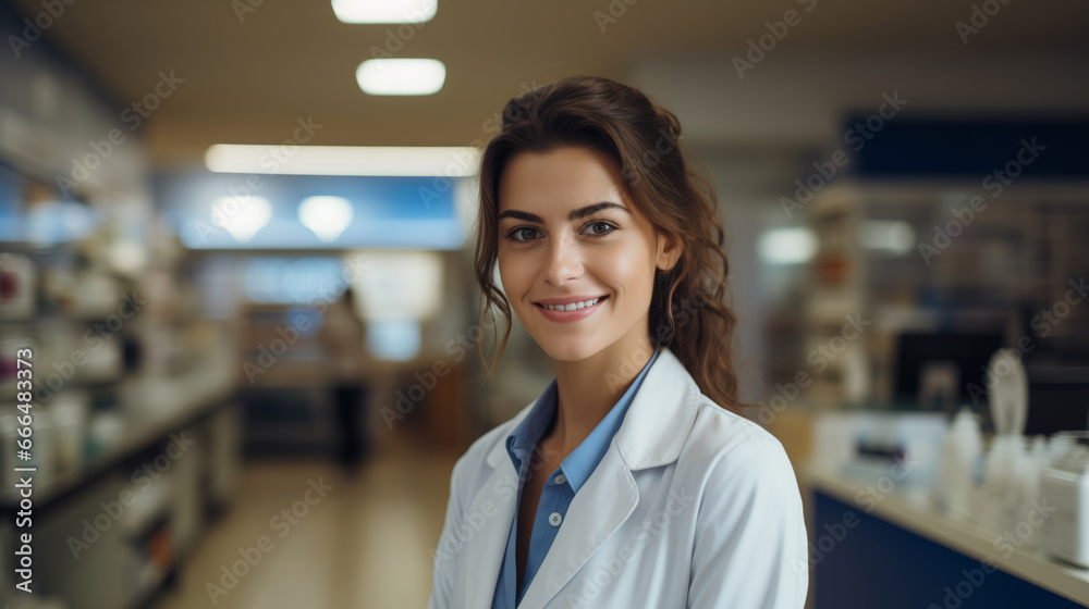 Obraz premium Cheerful pharmacist standing in pharmacy drugstore, Medicine, pharmaceutics, health care and people concept: happy pharmacist giving medications to senior male customer