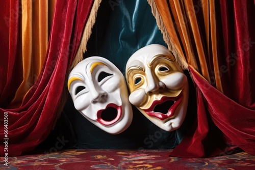theater masks - comedy and tragedy - on a velvet curtain