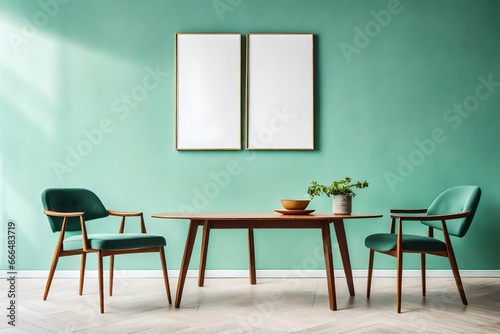Ellipse table and two chairs near mint sofa against light green wall with art frame poster. Scandinavian, mid-century home interior design of modern living room © Hamza