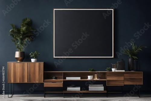 Mockup frame on cabinet in living room interior on empty dark wall background
