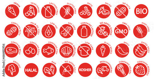 Dietary restrictions icon set with elements such as vegan, vegetarian, keto, gluten free, dairy free, sugar free etc, round red vector icons.	