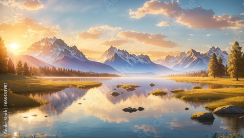 "Golden Meadow by the Water: A Stunning Landscape"