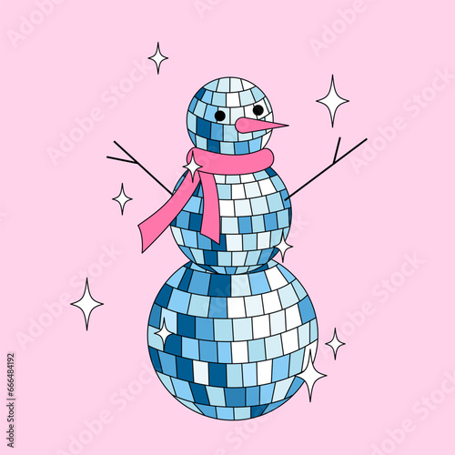 Disco mirror ball snowman with scarf in cartoon style on pink background.
Cute Christmas card. Vector funky illustration.