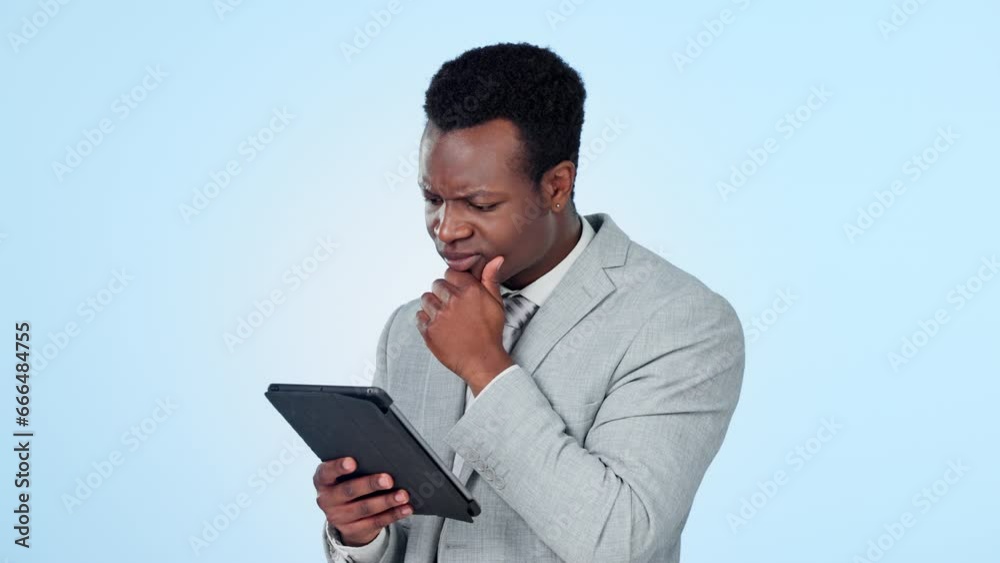 Confused, thinking and business man with tablet problem in studio with network, error or glitch on blue background. Digital, doubt and African entrepreneur why, questions or app, 404 or connect fail Confused, thinking and business man with tablet problem in studio with network, error or glitch on blue background. Digital, doubt and African entrepreneur why, questions or app, 404 or connect fail