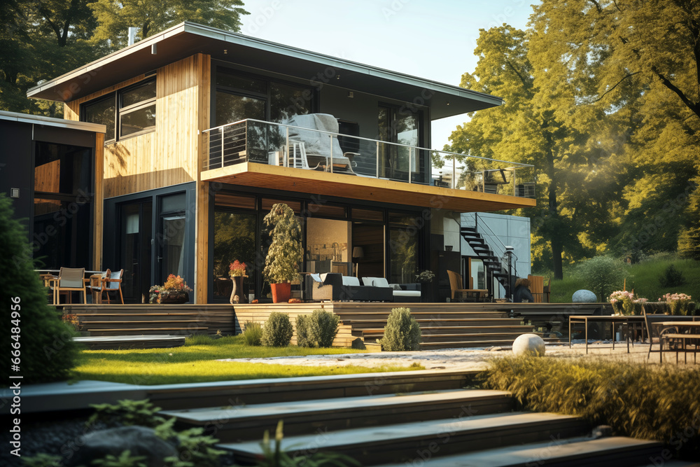 Obraz premium Contemporary modern house. Architect's house. Modern house with large windows. Real estate. Real estate agency. Real estate agent 