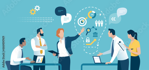 The idea. Discussion about a new business project. Female leader. Brainstorming. Business vector illustration.
